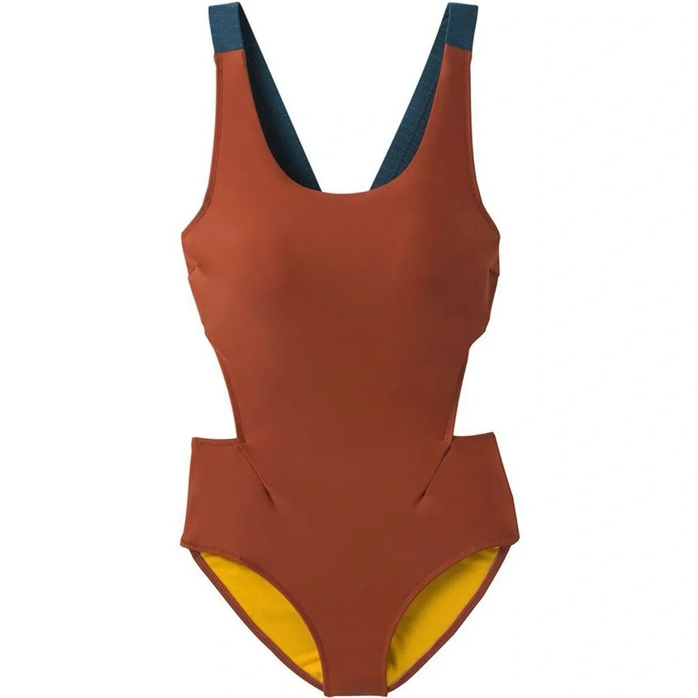 Prana Maroon and Yellow One Piece Swimwear Athletic Design